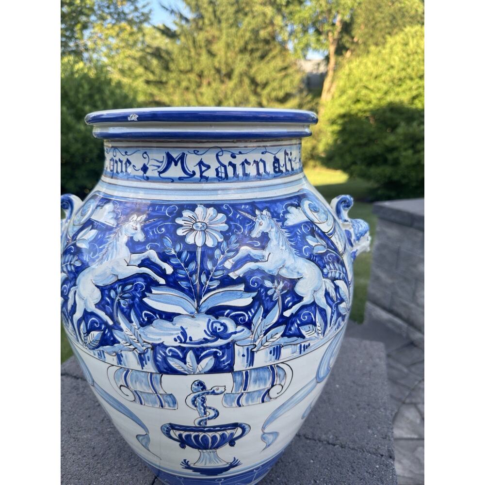 VTG Italian Majolica Blue & White Apothecary Jar Urn Unicorn Medicinali 18.5” - Picture 3 of 12